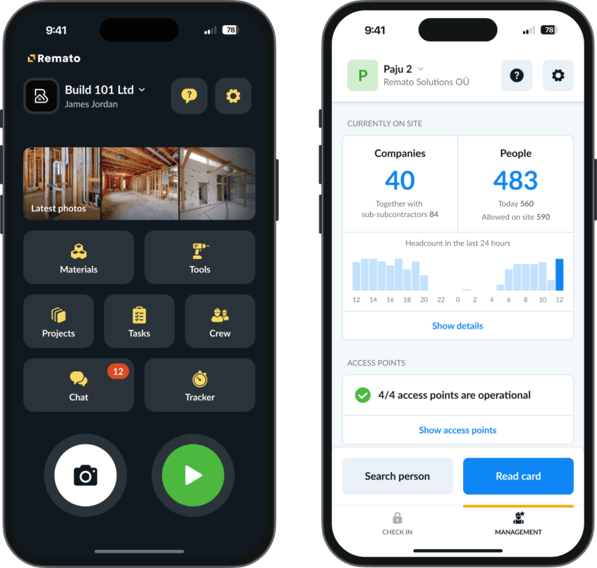 The Remato crew and site management app on two phones