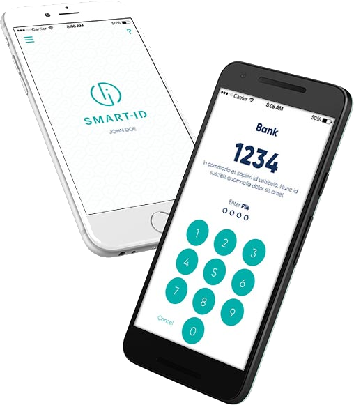 The Smart-ID app on two phones, showing the PIN entry screen for a bank login