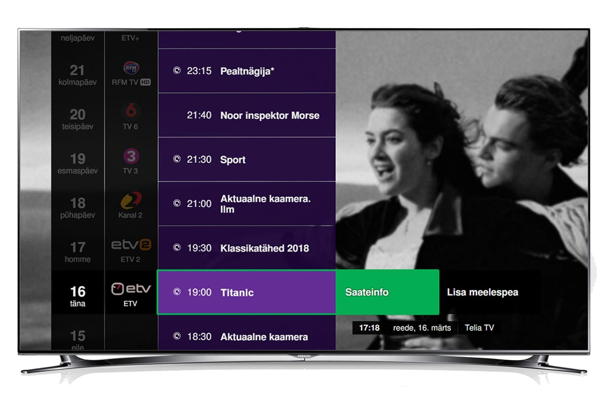 The Telia TV programme guide running on a television