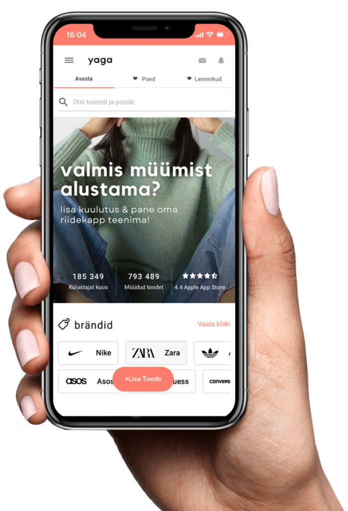 The Yaga marketplace app held in a hand